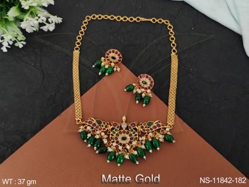 Clustered Pear Designer Matte Gold Polish Fancy Style party wear Choker Style Kemp Jewellery Kemp Short Necklace Set 