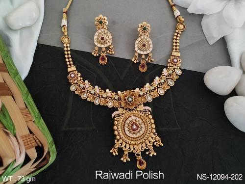 Rajwadu Polish Fancy Style Party wear Kemp Desing Kemp Jewellery Short Necklace Set