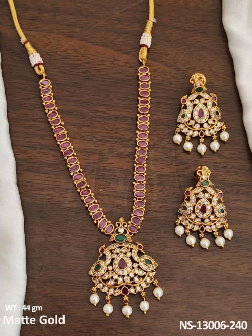 Matte Gold Polish Fancy Party Wear Beautiful Kemp Necklace Set  