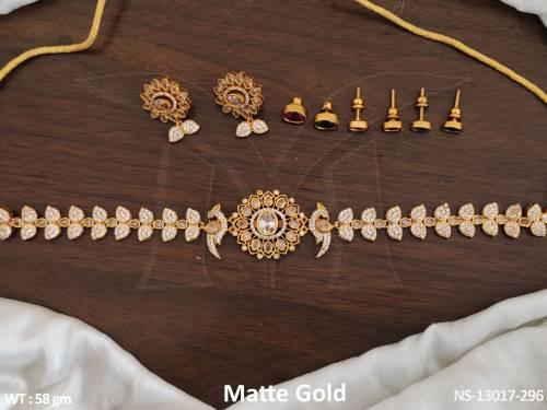 Fancy Design Matte Gold Polish Party wear Kemp Jewelery Choker Style Necklace Set with Chanable Stones