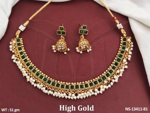 Kemp Design High Gold Polish Beautiful Clustered Pearl Designer Kemp Choker Necklace Set     