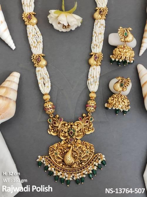 Kemp Jewellery Clusterpearls Designer Wear Rajwadi Polish Kemp Long Necklace Set