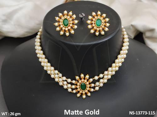 Matte Gold Polish Clusterpearls Designer Wear Kemp Choker Necklace Set
