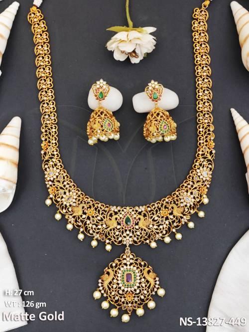Matte Gold Polish Fancy Style Designer Wear Kemp Necklace Set