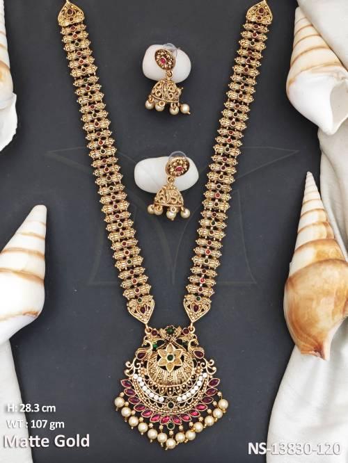 Clustered Pearl Designer Wear Matte Gold Polish Fancy Design Kemp Long Necklace Set