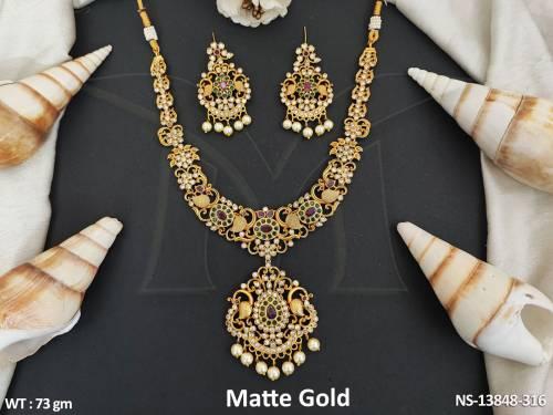 Full Stone Party Wear Matte Gold Polish Designer Kemp Short Necklace Set