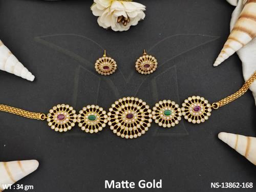 Designer Fancy Style Party wear Beautiful Matte Gold Polish Designer Kemp Choker Style Necklace Set