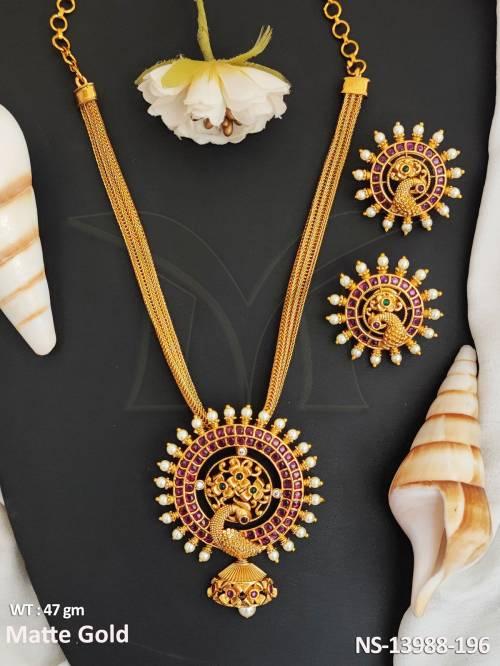 Designer Fancy Style Matte Gold Clustered Pearl Beautiful Kemp Design Long Kemp Necklace Set     