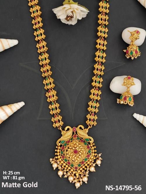 kemp Jewellery Party Wear Matte Gold Polish Long Kemp Necklace Set  