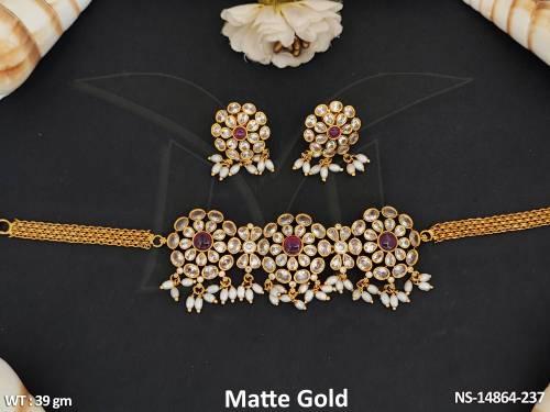 Kemp Jewellery Matte Gold Polish Beautiful Party Wear Choker Style Necklace Set 
