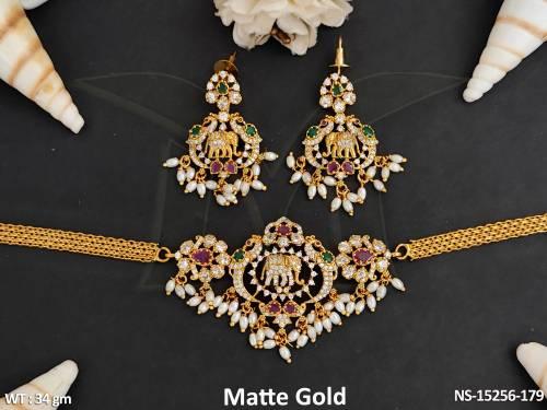 Kemp jewelry Matte Gold Polish Elephant design Cluster Pearls Full Stones Kemp Choker Necklace Set 
