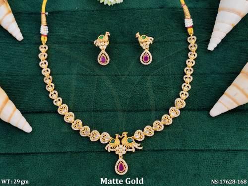 Kemp Necklace Set with Peacock Design in Matte Gold Finish