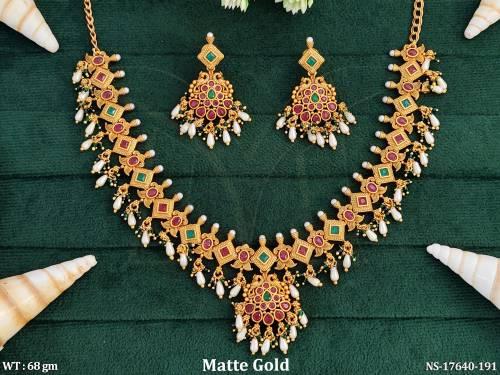 Kemp Necklace Set with Stone & Pearl Detailing Matte Gold Polish for Festive Wear