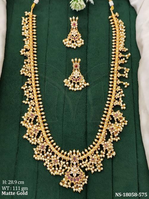 Beautiful Designer Matte Gold Polish Party Wear Necklace Set   