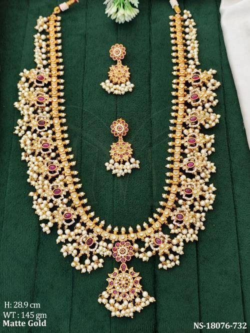 Beautiful Design Full Stone Clustered Pearl Party Wear Necklace  Set    