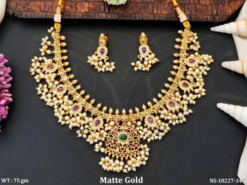 Beautiful  Matte Gold Clustered Pearl Short Necklace Set   