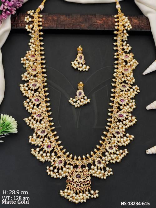 Beautiful  Matte Gold Polish clustered Pearl Necklace Set    