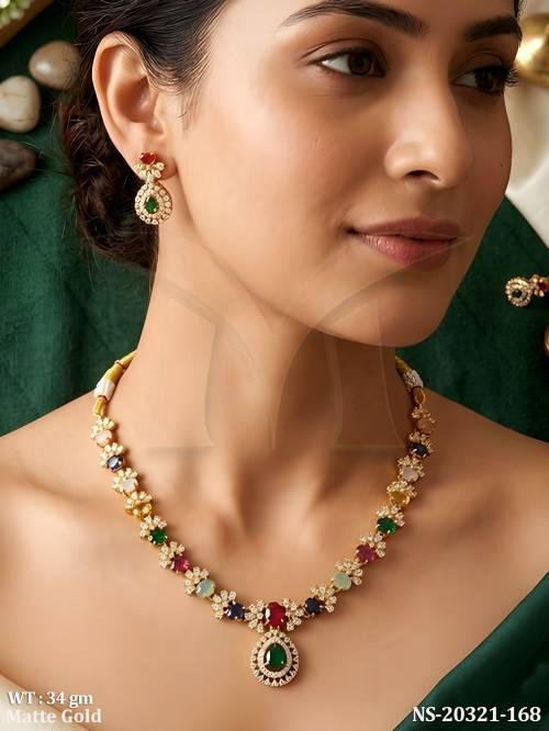 Elegant Matte Gold Full Stone Necklace with Earrings