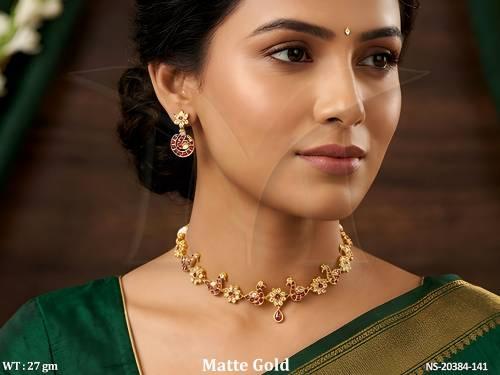 Traditional Peacock Matte Gold Kemp Necklace Set for Women