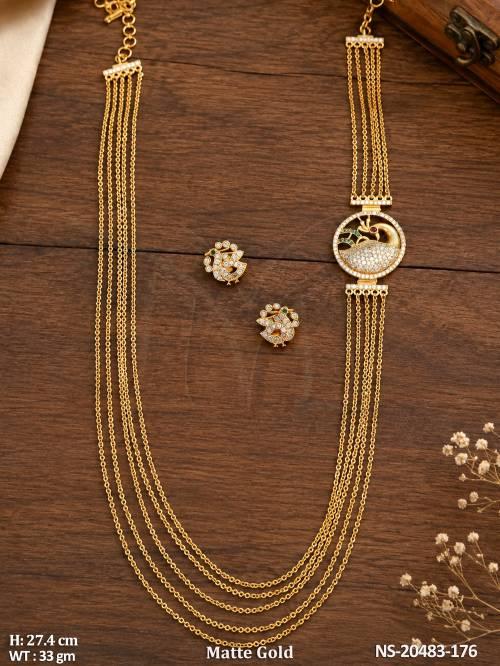Matte Gold Long Chain Necklace Set With Peacock Design