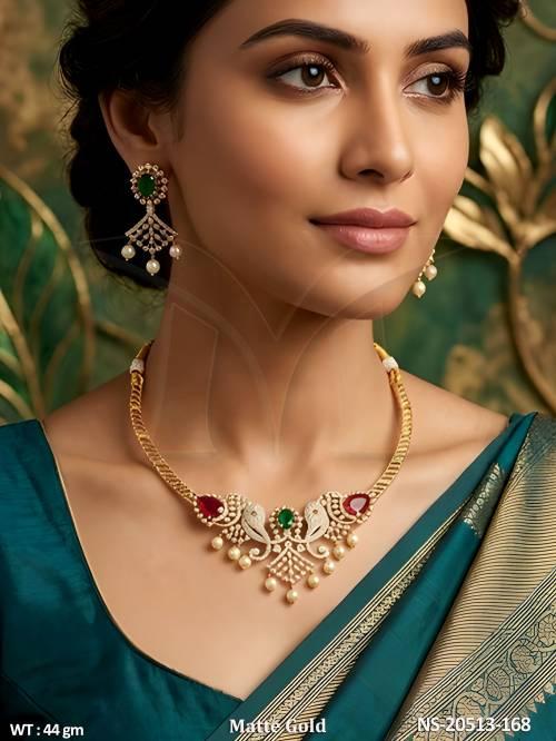 Traditional Kemp Style Peacock Necklace Set with Pearl Drops
