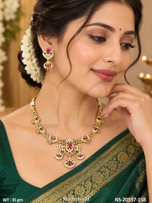 Traditional Matte Gold Peacock Motif Necklace with Earrings