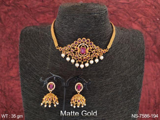 beautiful matte gold polish kemp jewelry designer party wear fancy style choker style necklace set