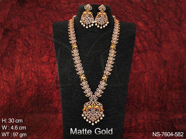 Beautiful Stylish Full white Stones Designer Matte Gold Polish Fancy Style Party wear Long Necklace Set