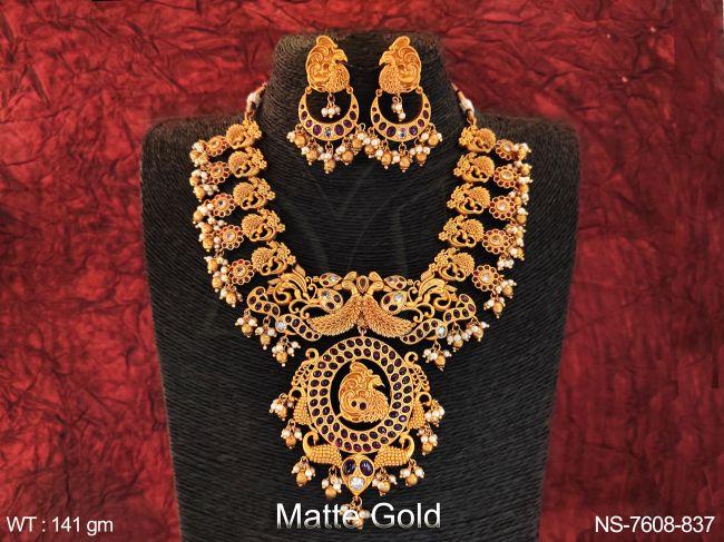 beautiful peacock design pendant kemp jewelry fancy style tassels clustered pearl matte gold polish party wear necklace set