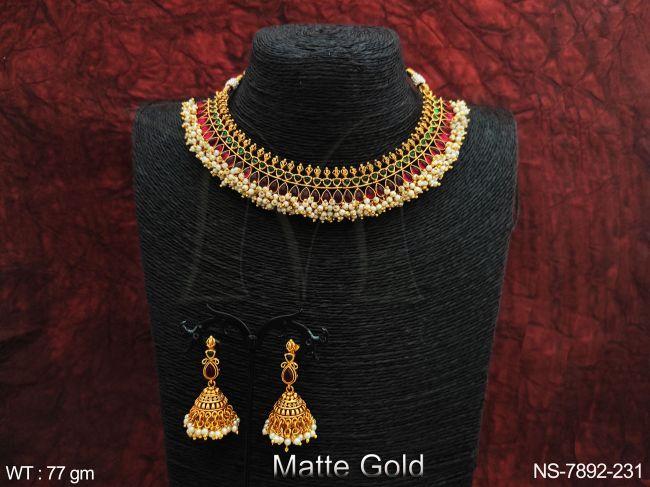 Designer Clustered Pearl Tassels Matte Gold Polish Party wear Fancy Style Beautiful Necklace Set