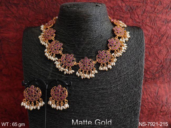 Kemp Jewelry Designer Beautiful Matte Gold Polish full stones Clustered Pearl Tassels Party wear Choker Style Necklace Set