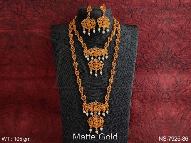 designer fancy style matte gold polish kemp jewelry beautiful full stones clustered pearl long necklace set