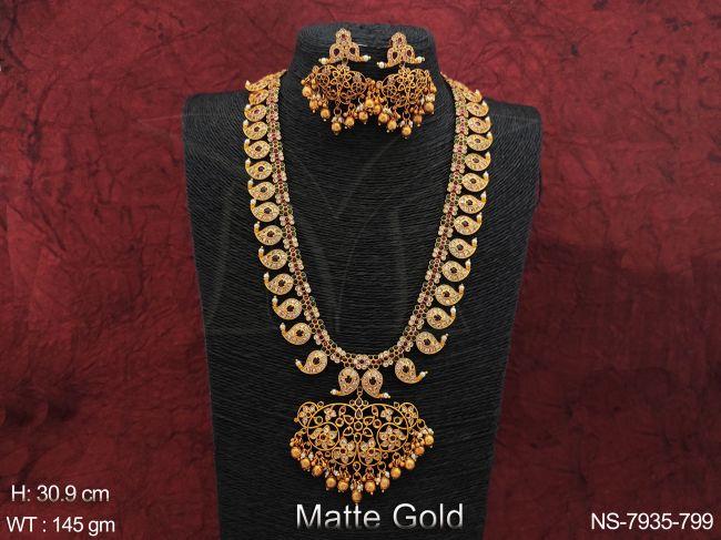 Beautiful Kemp Jewelry Fancy Style Full Stones Matte Gold Polish Designer Party wear Long Necklace