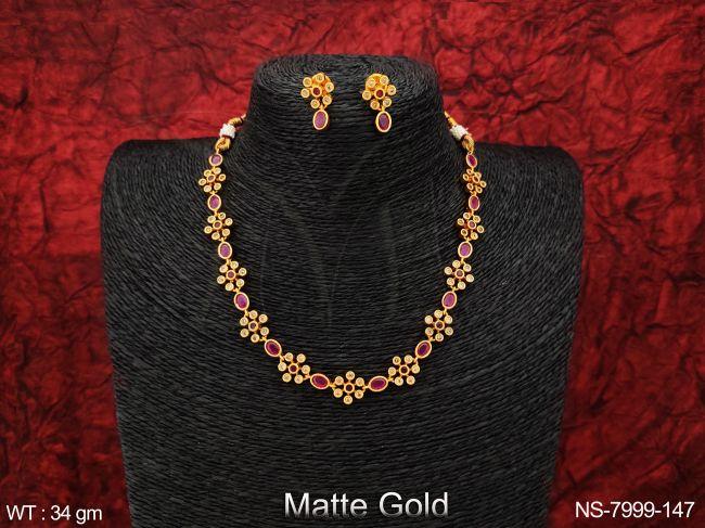 Designer Kemp Jewelry Matte Gold Polish full white stones Party wear Kemp Necklace Set