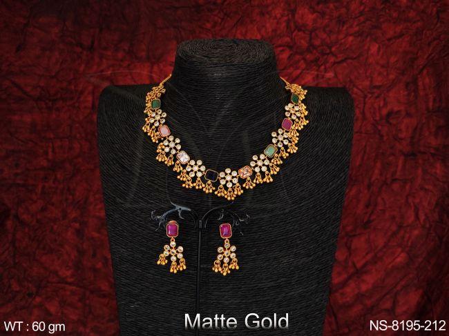 designer beautiful kemp jewelry matte gold polish multi shape full stones party wear necklace set