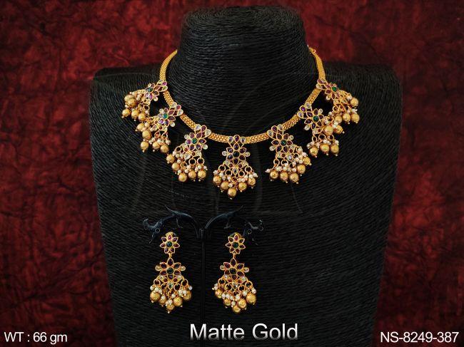 Kemp Jewelry Fancy Style Full Stones Clustered Pearl Tassels Matte Gold Polish Party wear Choker Necklace Set
