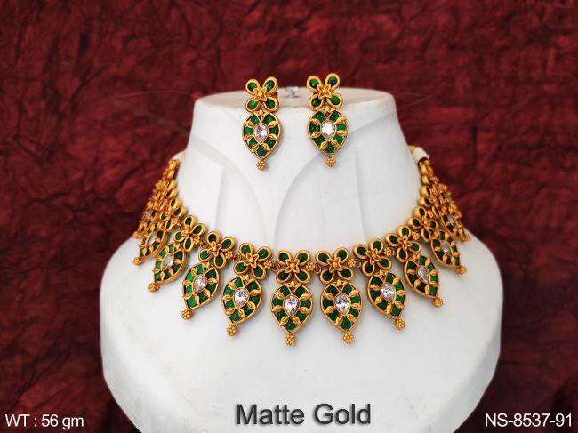 Matte Gold Polish Full Stones Beautiful Party wear Kemp Necklace Set