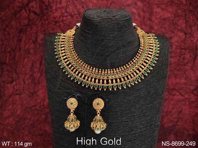 High Gold Polish Designer Party wear Beautiful Kemp Jewelry Heavy Choker Necklace Set