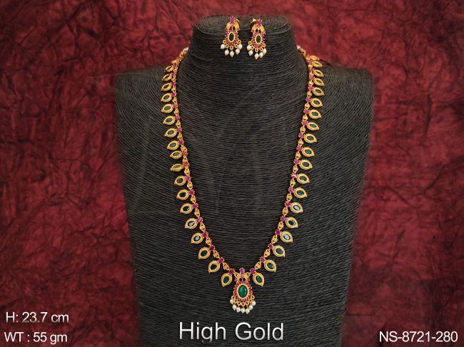 Designer Full Stones Fancy Style High Gold Polish Kemp Long Necklace Set