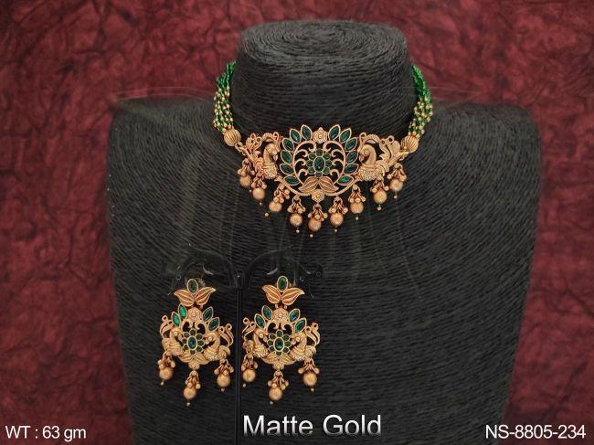 Designer Matte Gold Polish Party wear Fancy Style Kemp Necklace Set