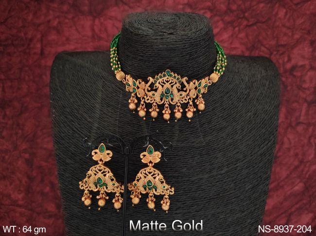 Matte Gold Polish Designer Party wear Beautiful Kemp Necklace Set