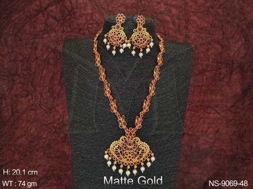 Designer Fancy style Beautiful Kemp Jewelry Matte Gold Polish Kemp Long Necklace Set