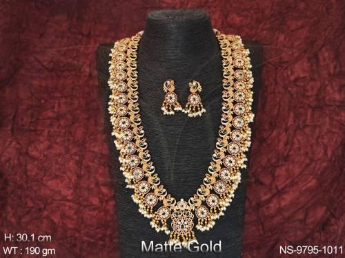 Fancy Design Full Stones Matte Gold Polish Party wear Long Kemp Necklace Set