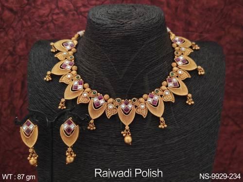 Antique Full Stones Left Design Rajwadi Polish Designer Kemp Necklace Set