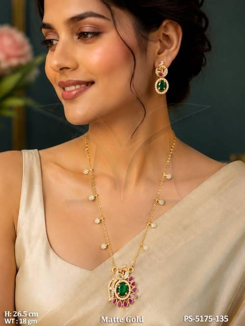 Elegant Emerald Pendant Necklace Set with Peacock Motif