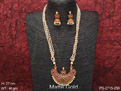 clustered-pearl-matte-gold-polish-designer-fancy-style-long-kemp-pendant-set