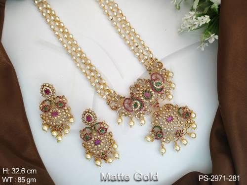 clustered-pearl-matte-gold-polish-fancy-design-party-wear-long-kemp-jewellery-kemp-pendant-set