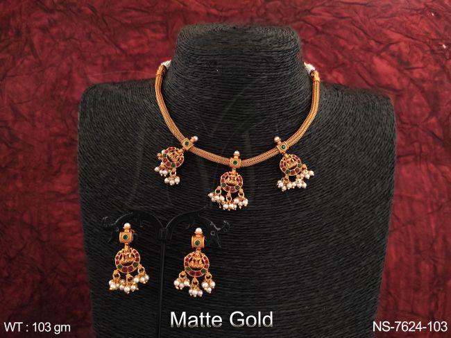 Beautiful Kemp Jewelry Designer Clustered Pearl Tassels Full Stones Matte Gold Polsih Choker Style Party wear Necklace Set