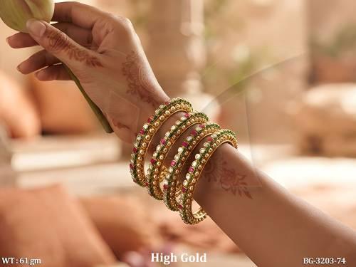 Designer High Gold Finish Stone Kundan 4 Bangles Set 
