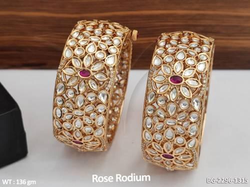 Kundan Jewelry 2 Pc Bangles Rose Rodium Polish Fancy Design Party Wear Kundan Bangles Set 
